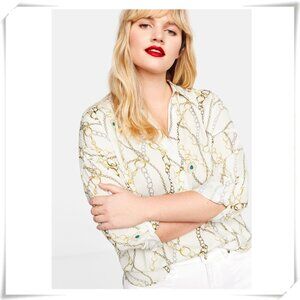 Violeta by Mango Cream V-neck Long Sleeve Blouse with Chains Pattern EUC